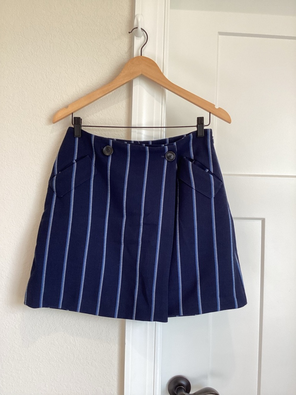 Anthropologie A-Line Mini Skirt Maeve Wrap New Navy Blue Pinstripe Small - Picture 6 of 13